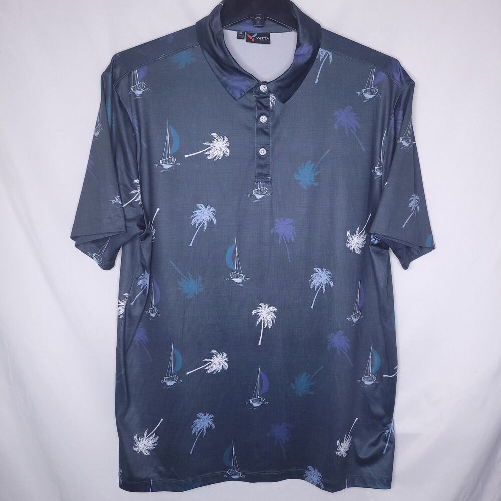Yatta Golf Polo Shirt Mens XL Boat Palm Tree Print Short Sleeve